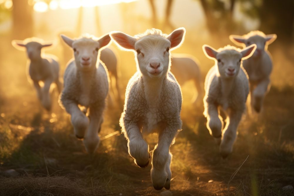 A herd of lambs running in a field livestock animal mammal. AI generated Image by rawpixel.
