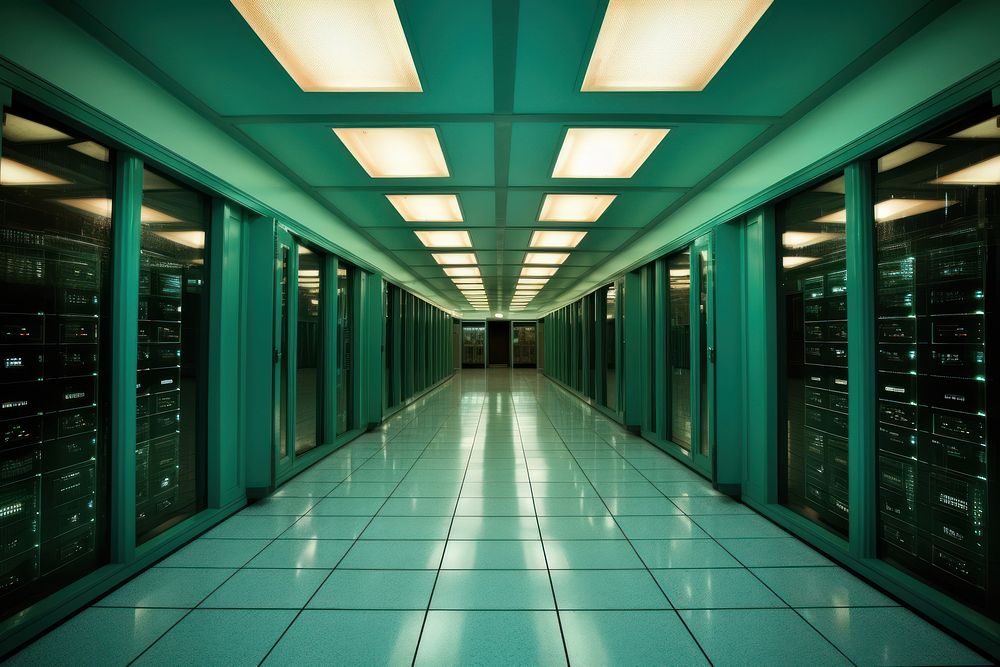 A long retro hallway with a row of servers in the center computer architecture illuminated. AI generated Image by rawpixel.