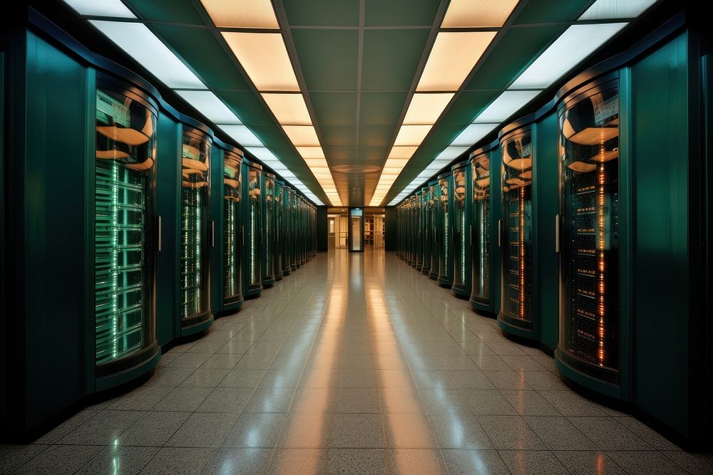 A long retro hallway with a row of servers in the center computer transportation architecture. AI generated Image by…