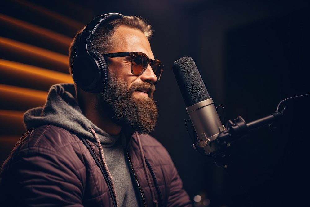 Bearded man wearing glasses microphone studio headphones. AI generated Image by rawpixel.
