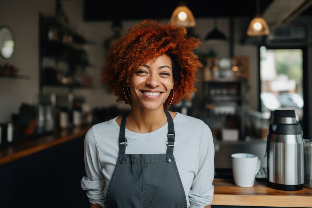 Black female barista with red hair making a cup of coffee smiling adult cafe. AI generated Image by rawpixel.