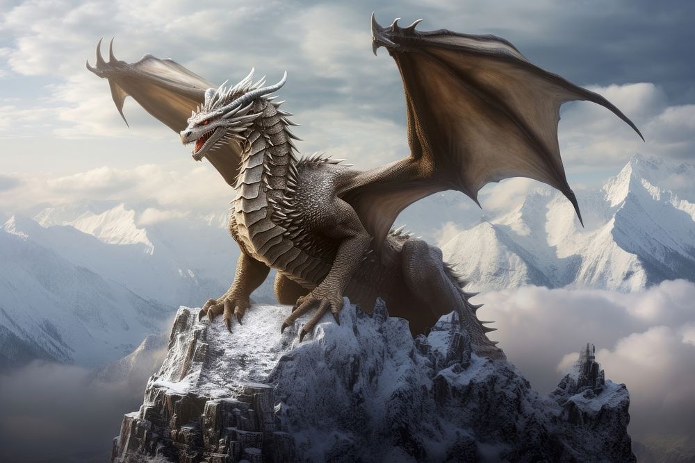 Dragon mountain animal snow. AI generated Image by rawpixel.