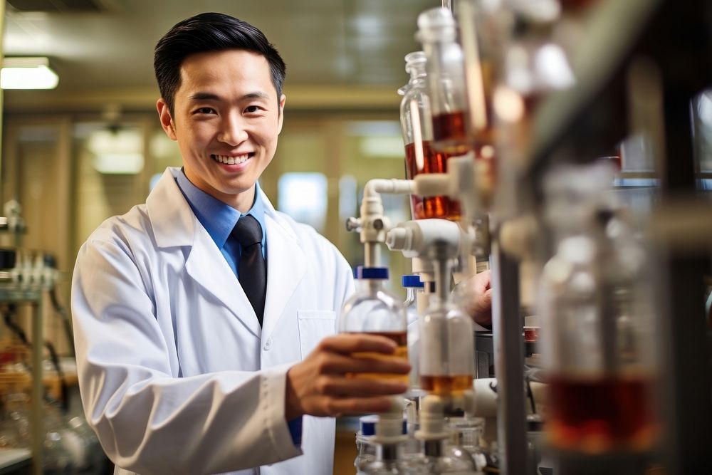 Chinese medical student scientist holding adult. 