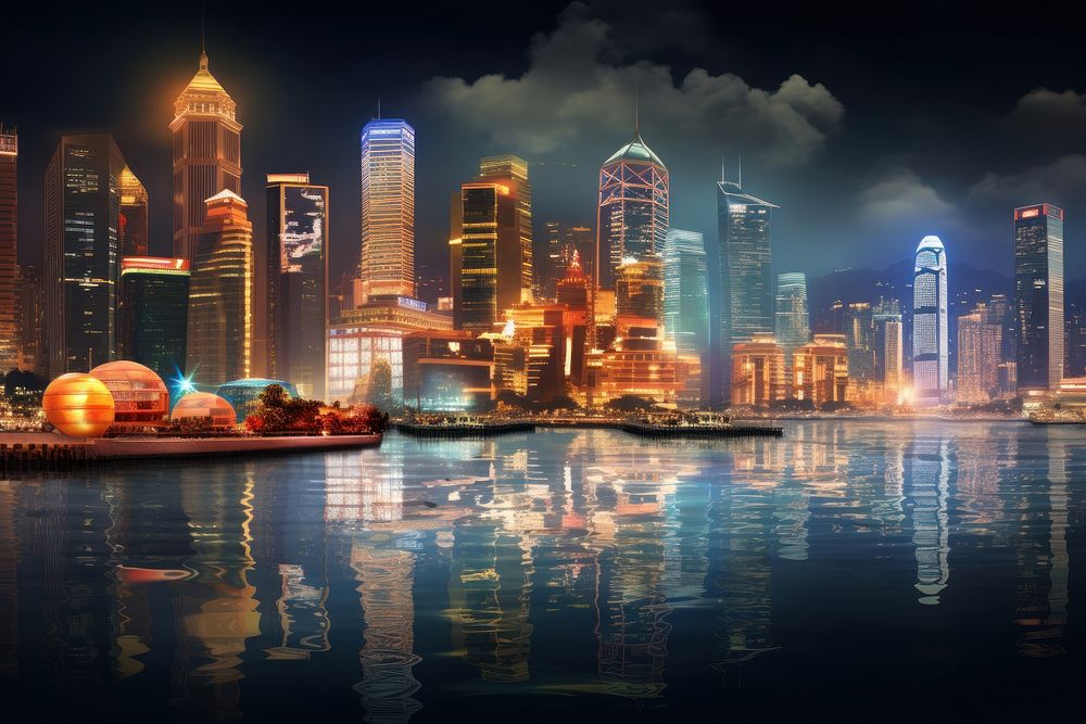 Illuminated asian city skyline glows over crowded waterfront casino architecture illuminated metropolis. AI generated Image…
