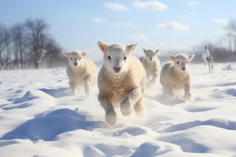 Lambs snow livestock outdoors. 