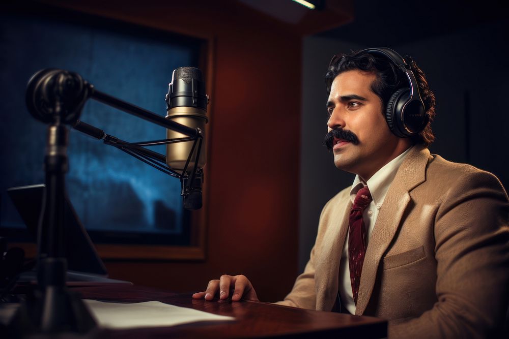 Latino man with moustache microphone studio headphones. AI generated Image by rawpixel.