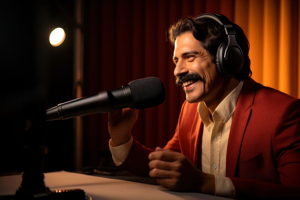 Latino man with moustache microphone headphones headset. AI generated Image by rawpixel.