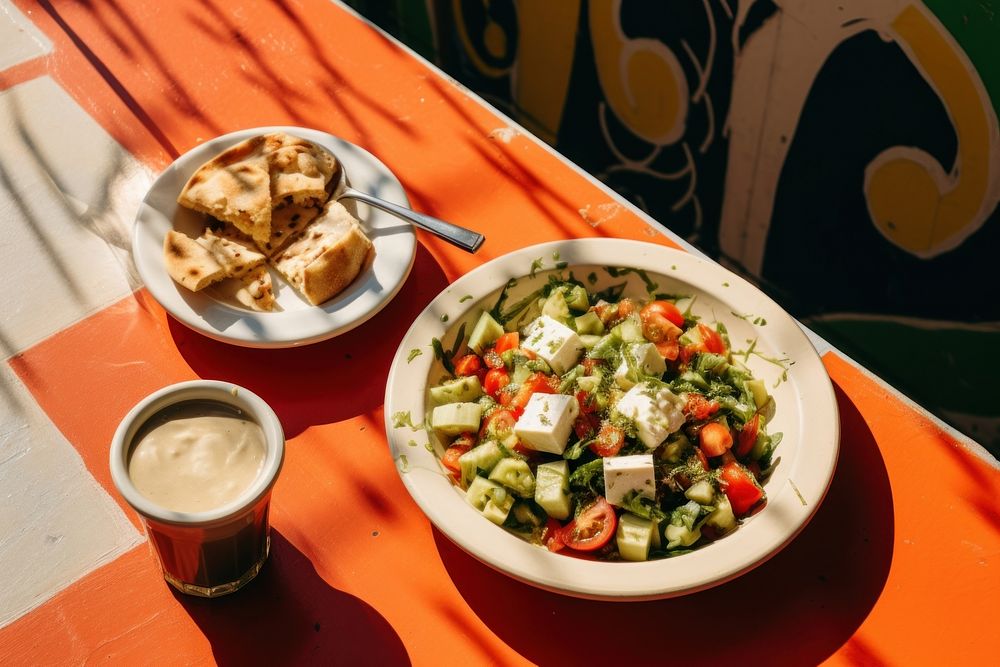 Greek salad plate cup lunch. AI generated Image by rawpixel.