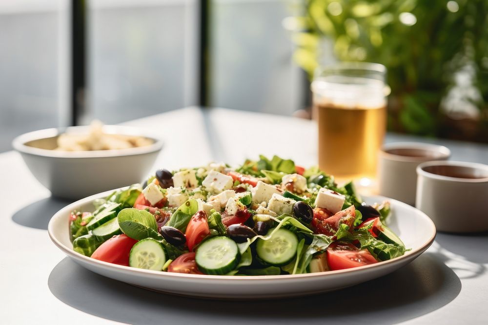 Greek salad plate lunch table. AI generated Image by rawpixel.