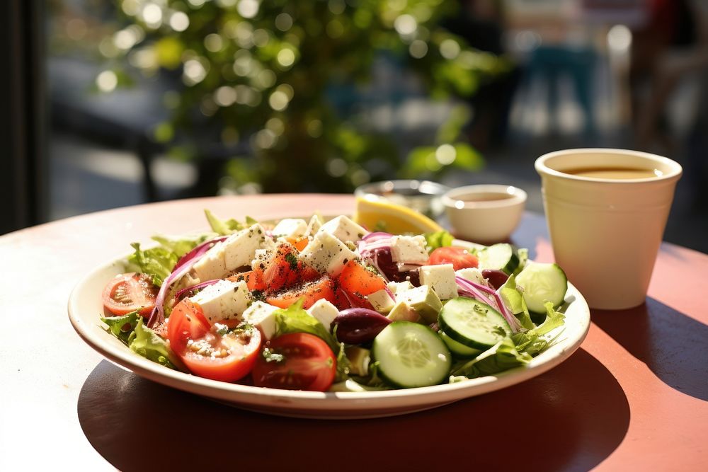 Greek salad plate table food. AI generated Image by rawpixel.
