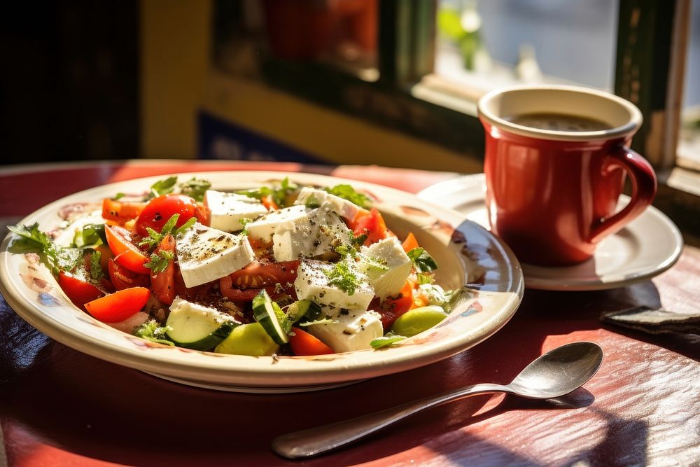 Greek salad plate cup coffee. AI generated Image by rawpixel.