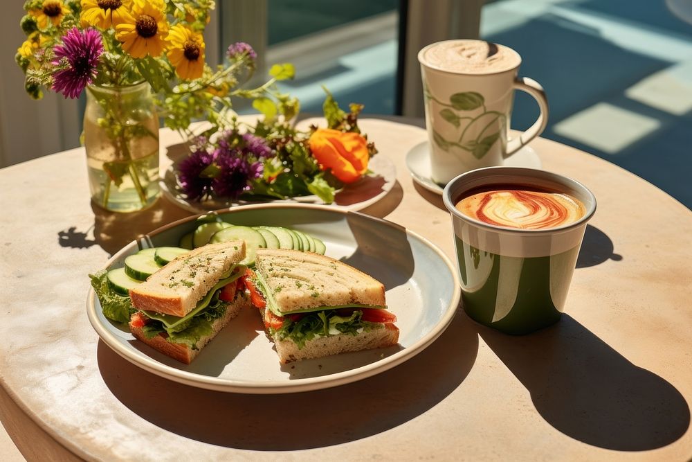 Salad sandwich coffee plate. AI generated Image by rawpixel.