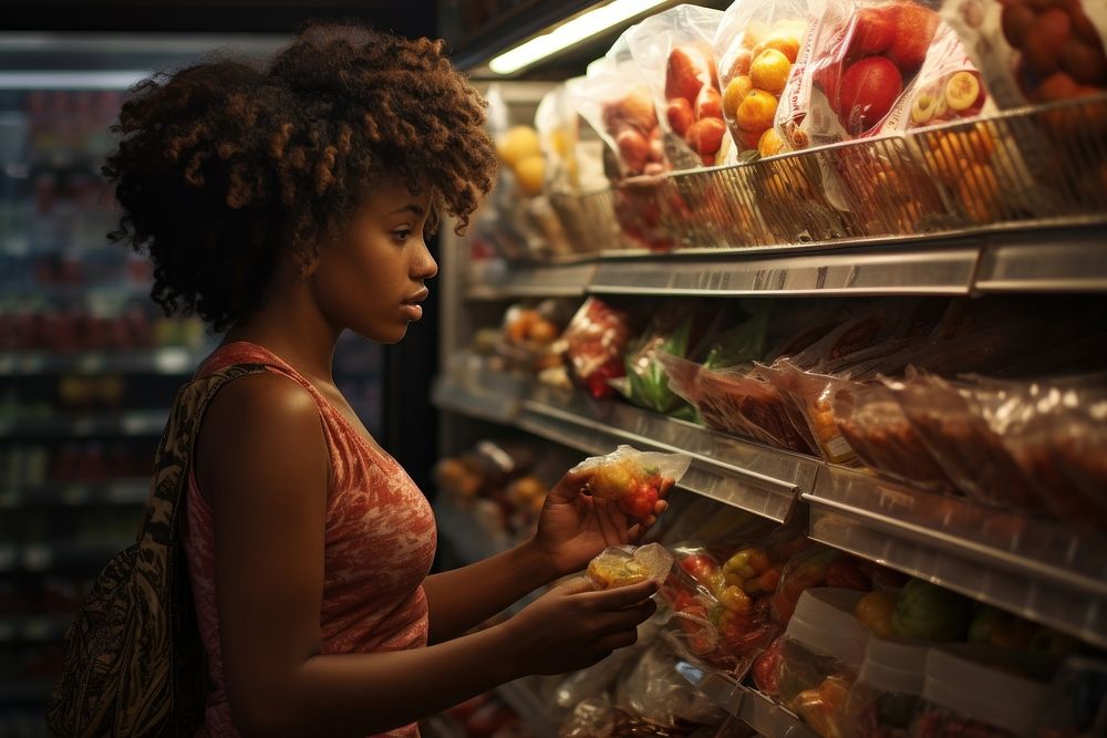 Black woman refrigerator supermarket adult. AI generated Image by rawpixel.