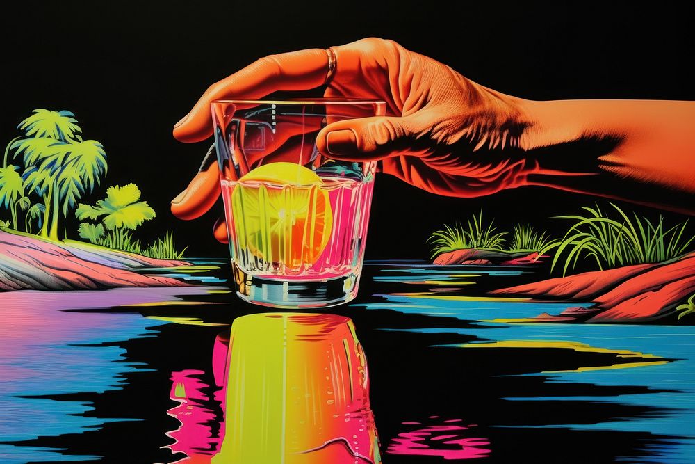 A hand holding a drinking water reflection painting cocktail. AI generated Image by rawpixel.