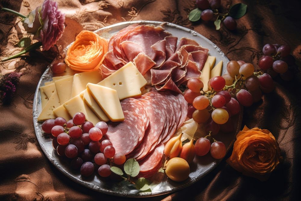 Cold cut cheese fruit plate. AI generated Image by rawpixel.