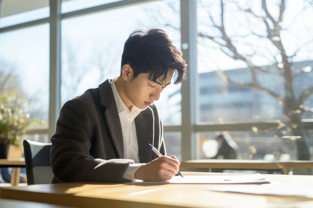 Korean student working on a desk writing pen concentration. AI generated Image by rawpixel.