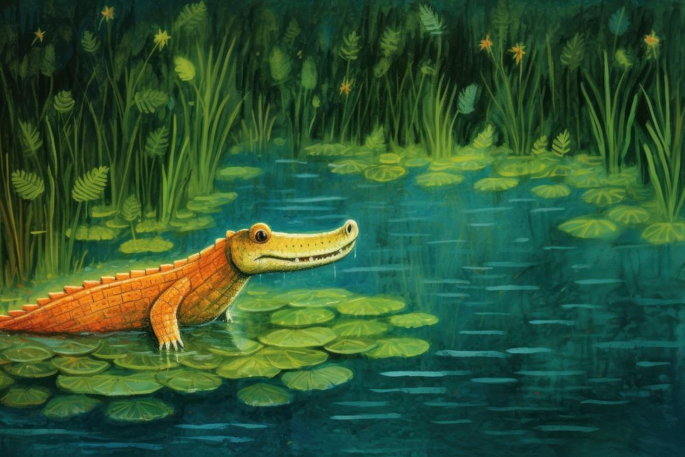 Crocodie on the swamp un der the lotus leave outdoors reptile nature. AI generated Image by rawpixel.
