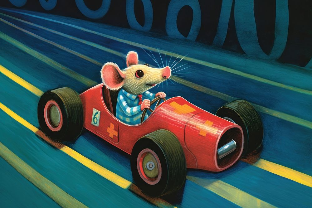 Rat wearing scarf driving race car on the race track vehicle cartoon mammal. AI generated Image by rawpixel.
