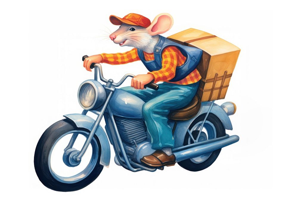 Full body rat wearing hat riding motorcycle vehicle mammal white background. AI generated Image by rawpixel.