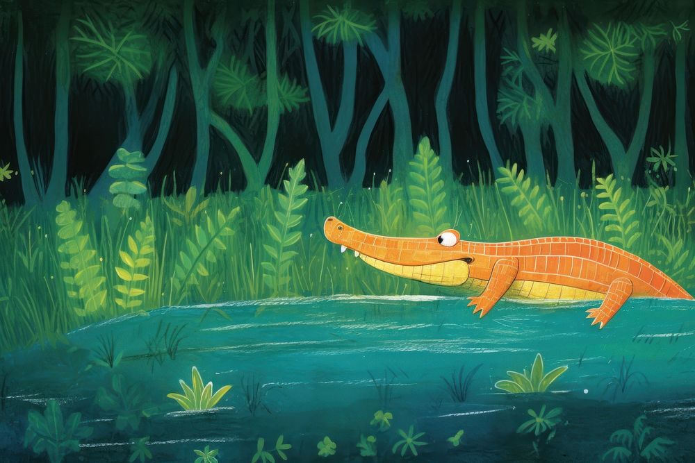 Crocodie on the swamp un der the lotus leave outdoors reptile nature. AI generated Image by rawpixel.