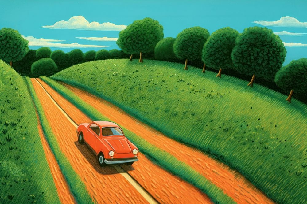 Red car driving in the country road landscape outdoors vehicle. AI generated Image by rawpixel.