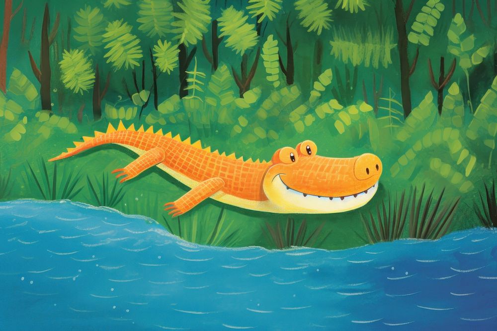 Cute crocodile on the swamp chilling under the lotus leave outdoors reptile animal. AI generated Image by rawpixel.
