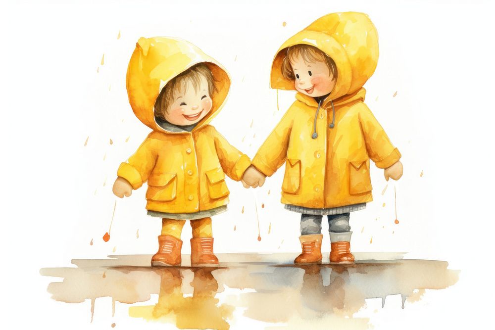 Two children standing and Wear a yellow raincoat and play in the rain cute white background togetherness. AI generated Image…