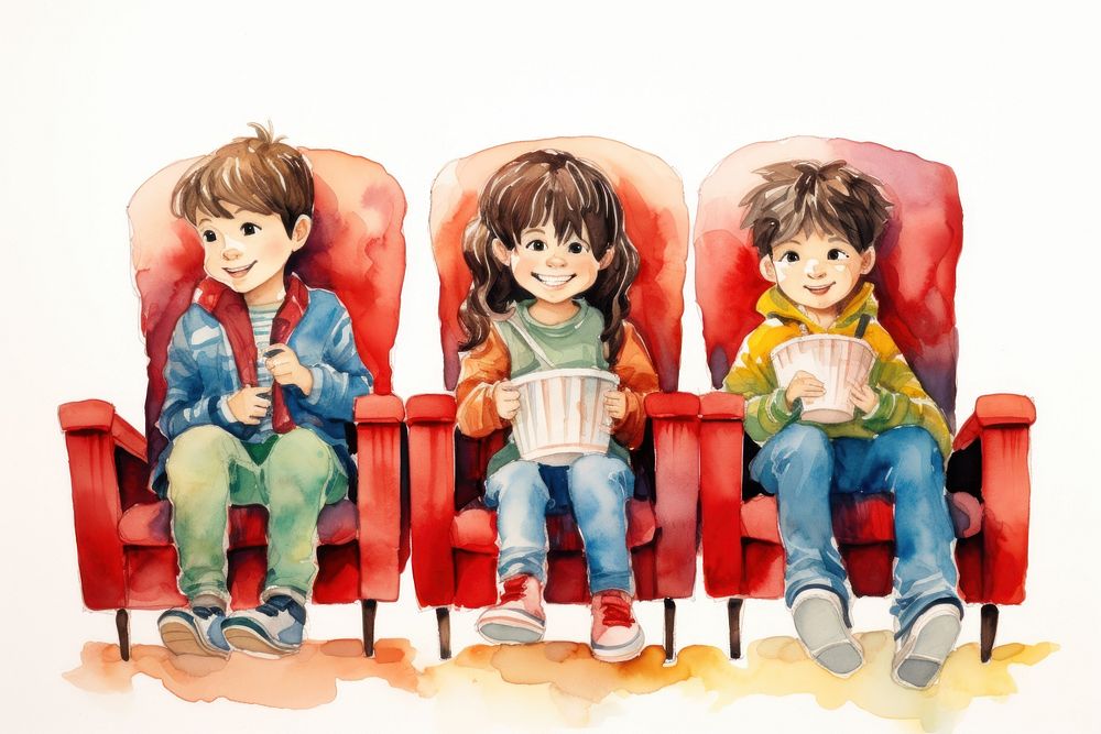 Three children sat watching a movie chair furniture popcorn. AI generated Image by rawpixel.