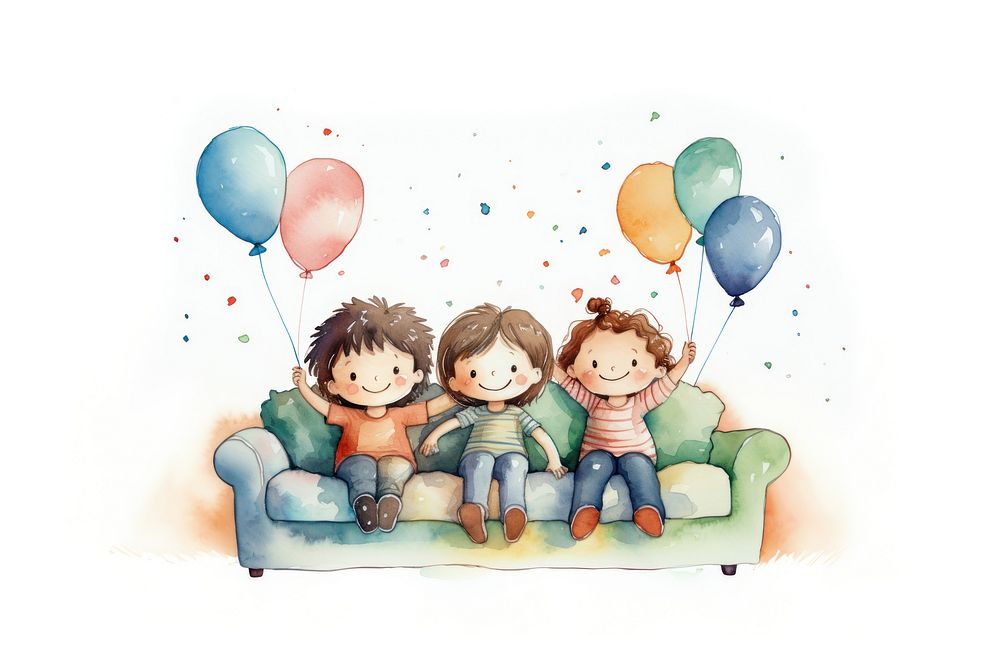 Three children sat watching a movie on a large sofa representation balloon cute. AI generated Image by rawpixel.