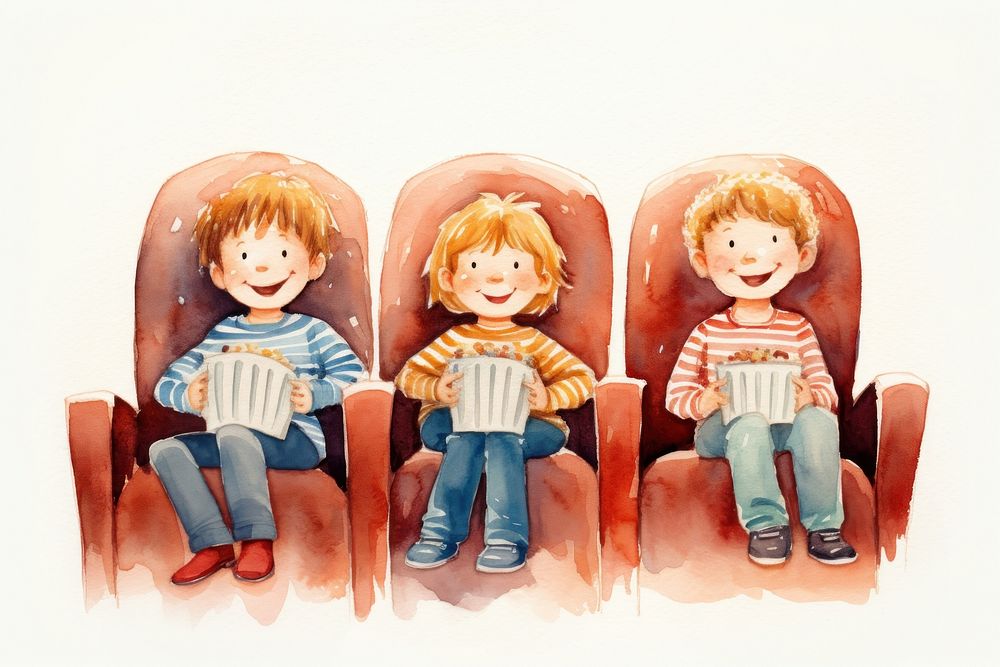 Three children sat watching a movie furniture popcorn chair. AI generated Image by rawpixel.