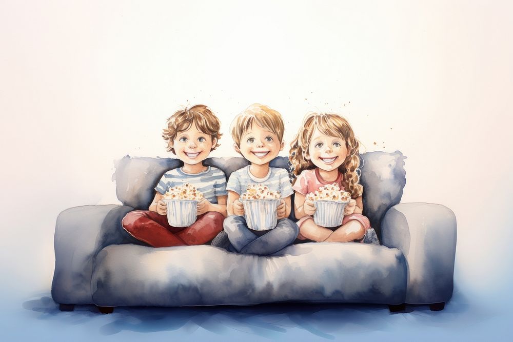 Three children sat watching a movie furniture portrait cute