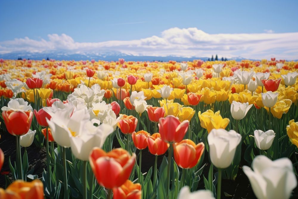 Tulips and daffodils blooming blossoming flowering tulip landscape outdoors. AI generated Image by rawpixel.