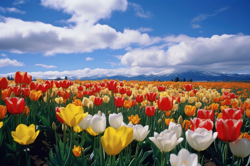 Tulips and daffodils blooming blossoming flowering tulip field landscape. AI generated Image by rawpixel.