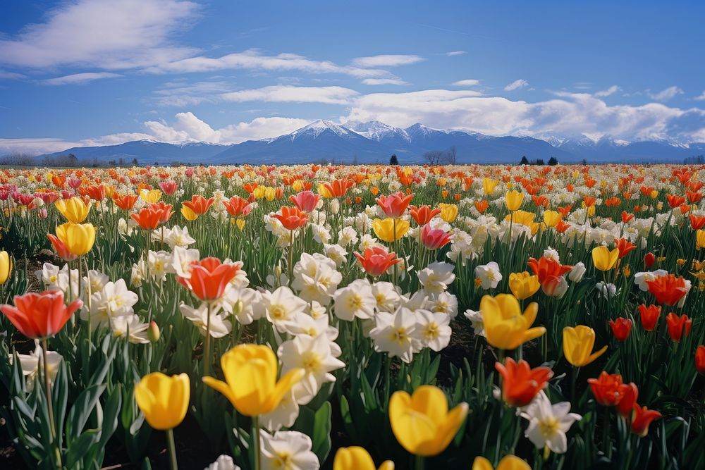 Tulips and daffodils blooming blossoming flowering field landscape grassland. AI generated Image by rawpixel.