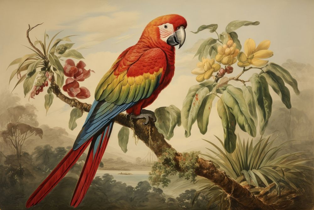 Vintage painting of parrot art animal bird. 