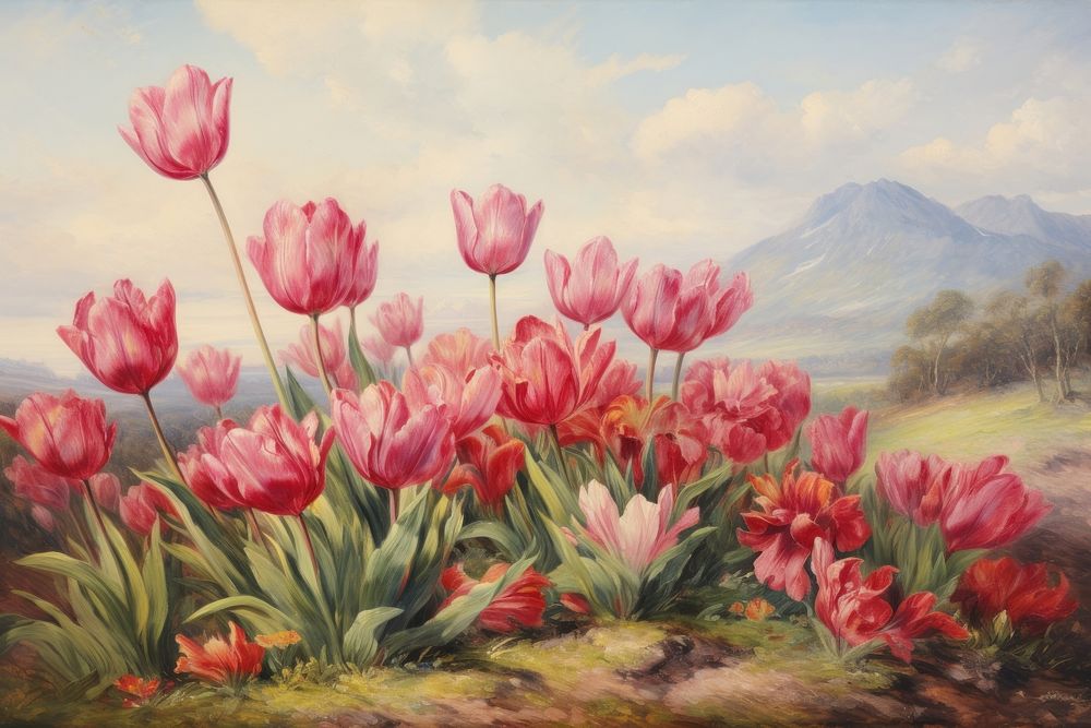 Tulip field painting outdoors blossom. AI generated Image by rawpixel.