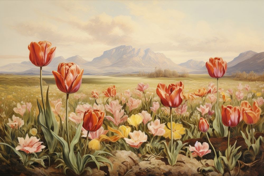 Tulip field painting landscape outdoors. AI generated Image by rawpixel.