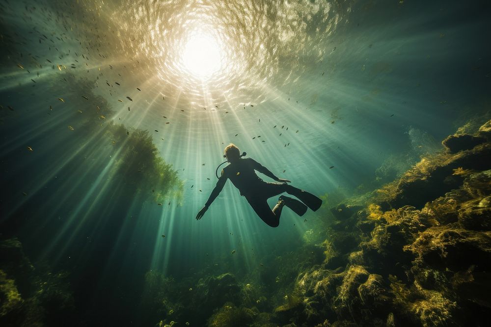 Diver swimming under underwater adventure outdoors. AI generated Image by rawpixel.