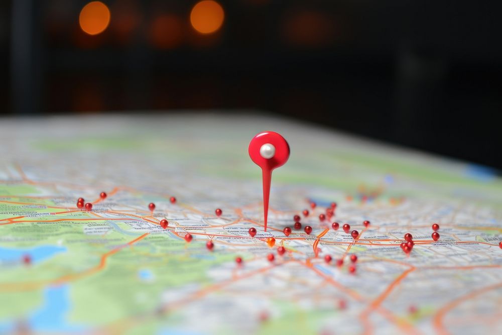 Red pushing pin map technology tilt-shift. AI generated Image by rawpixel.