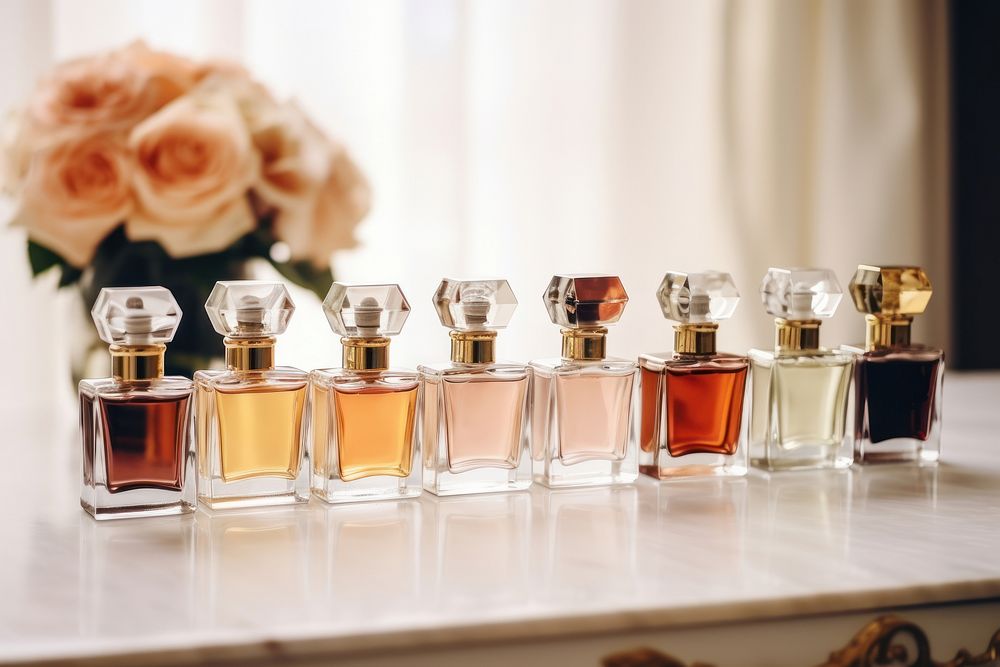 Perfume bottle collection cosmetics luxury table. AI generated Image by rawpixel.