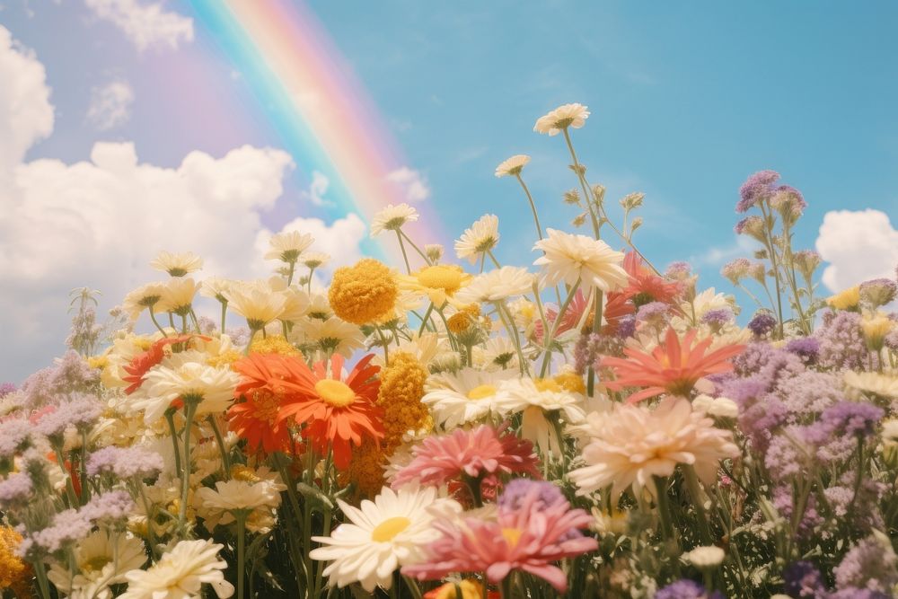 Flowers rainbow field sky. 