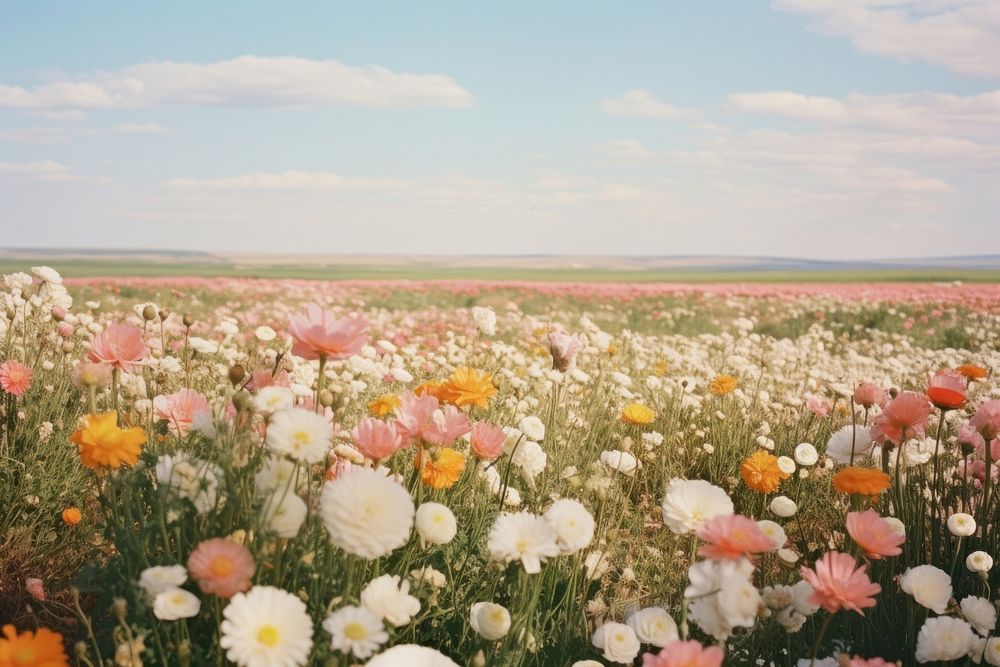 Blooming blossoming flowering field landscape grassland. AI generated Image by rawpixel.