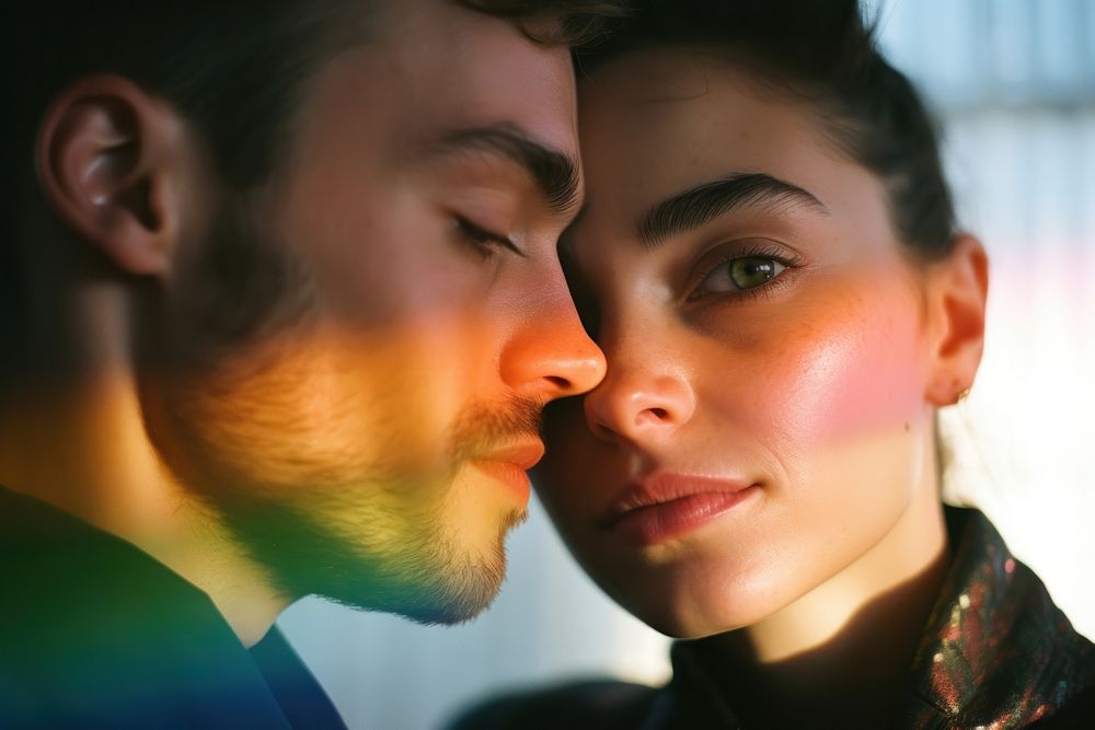Rainbow light on couple face photography portrait adult. 