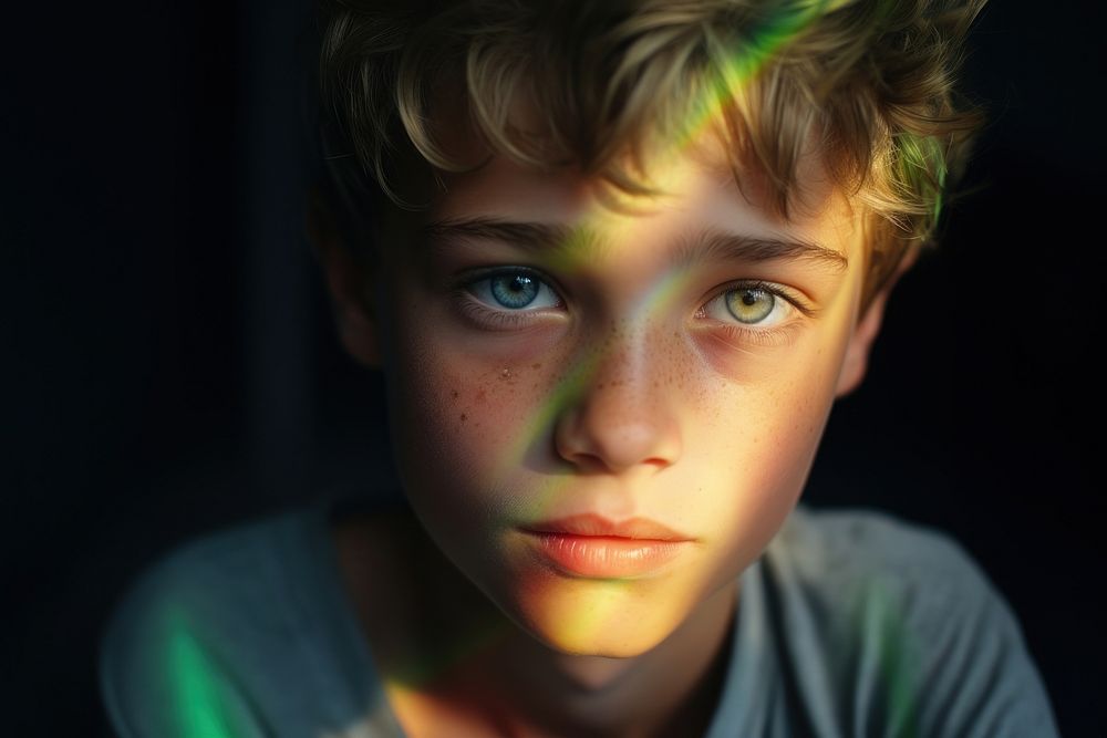 Rainbow light on boy kids face photography portrait contemplation. AI generated Image by rawpixel.