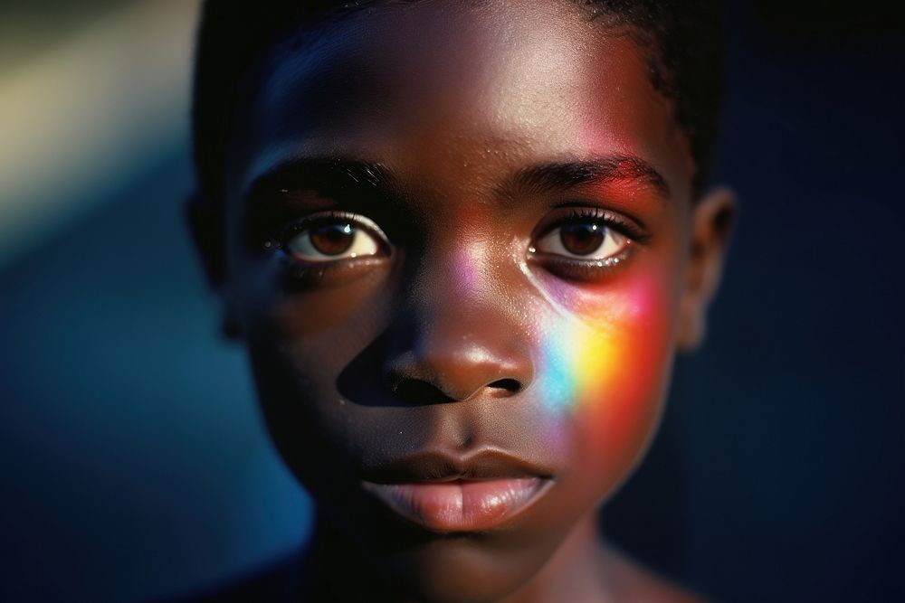 Rainbow light on black boy kids face photography portrait skin. AI generated Image by rawpixel.