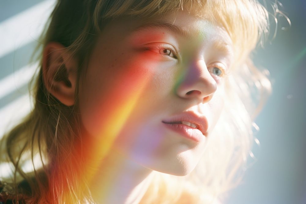 Rainbow light on friendship face photography portrait sunlight. AI generated Image by rawpixel.