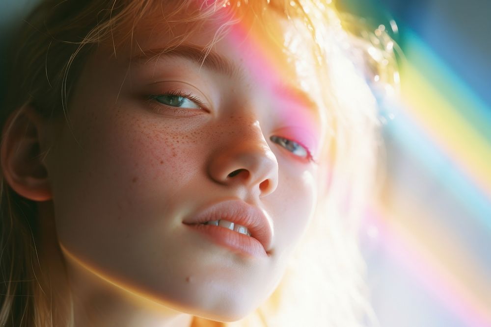 Rainbow light on friendship face photography portrait contemplation. AI generated Image by rawpixel.