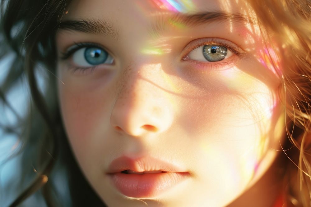 Rainbow light on kids face photography portrait hairstyle. AI generated Image by rawpixel.