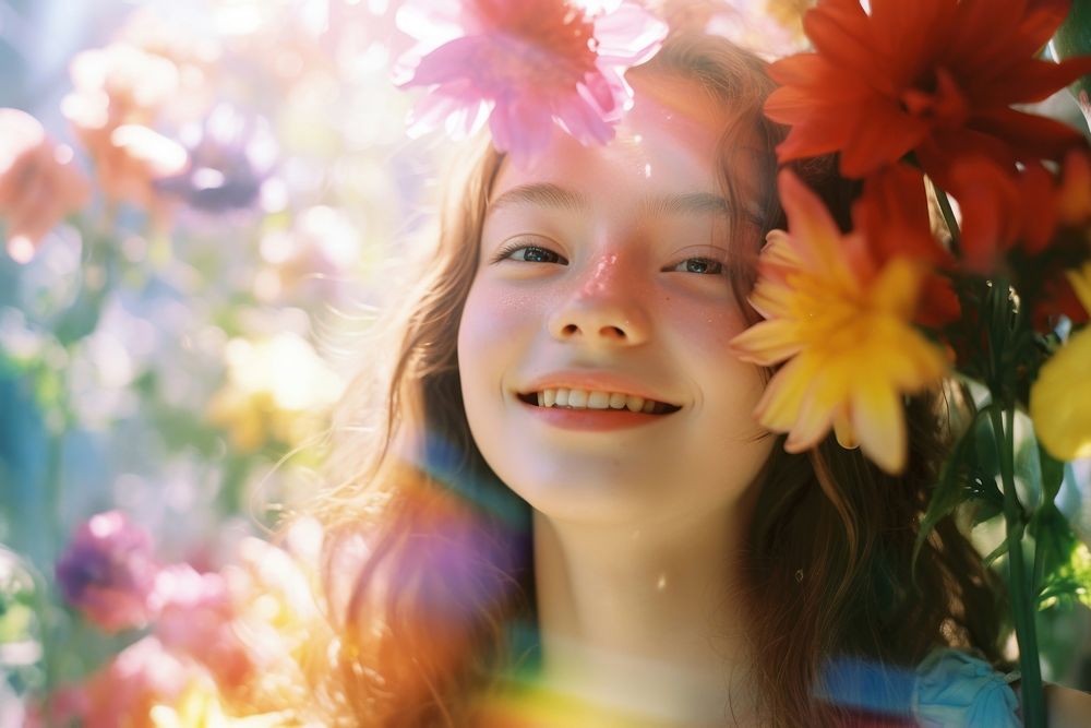Rainbow light on happy girl flowers face photography portrait outdoors. AI generated Image by rawpixel.
