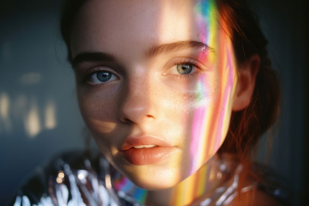 Rainbow light on sister face photography portrait futuristic. AI generated Image by rawpixel.